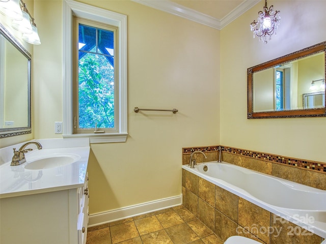 20A Lila Ln, Clyde, NC 28721 - bathroom featuring ornamental molding, baseboards, a garden tub, and vanity