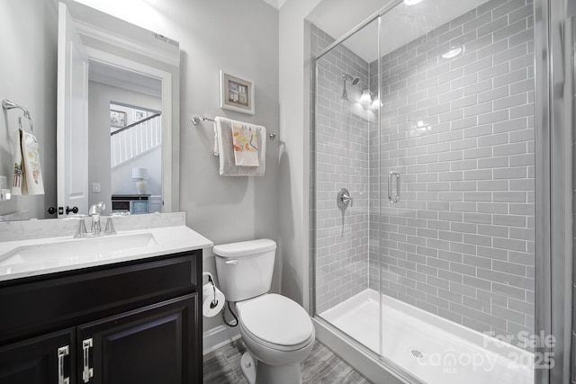 11216 Preservation Ln, Charlotte, NC 28278 - full bath with a stall shower, vanity, and wood finished floors