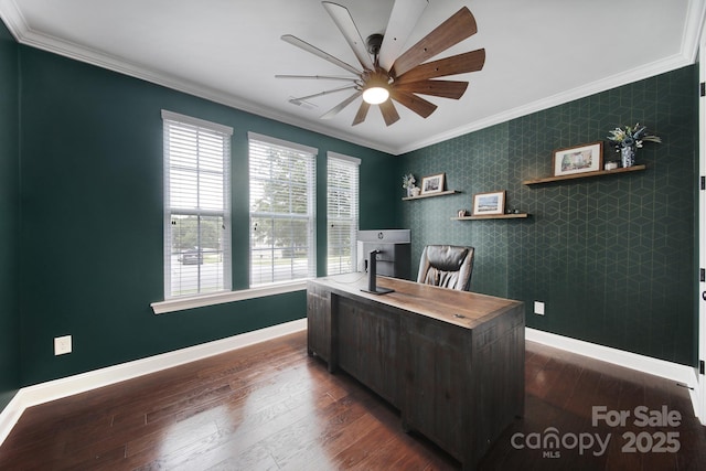 11216 Preservation Ln, Charlotte, NC 28278 - office featuring an accent wall, a ceiling fan, ornamental molding, dark wood finished floors, and wallpapered walls