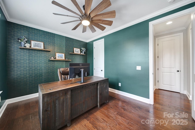 11216 Preservation Ln, Charlotte, NC 28278 - office area featuring a ceiling fan, an accent wall, hardwood / wood-style floors, crown molding, and recessed lighting