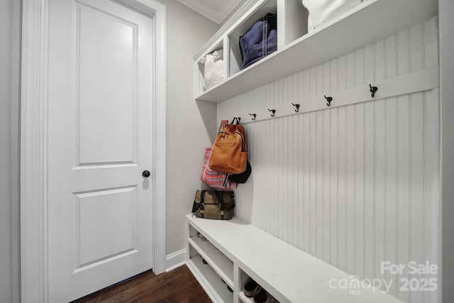 11216 Preservation Ln, Charlotte, NC 28278 - mudroom featuring dark wood-style floors and baseboards