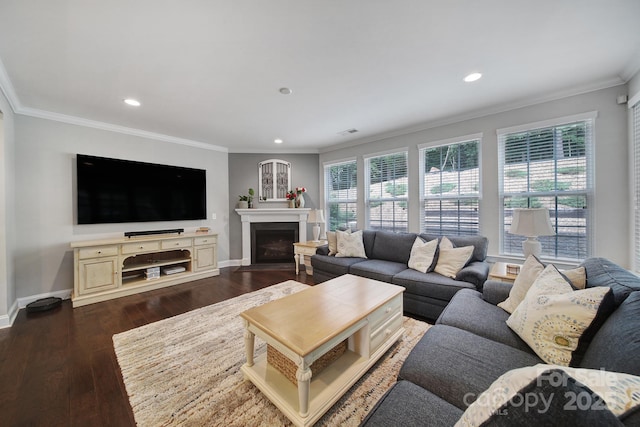 11216 Preservation Ln, Charlotte, NC 28278 - living area with ornamental molding, dark wood finished floors, recessed lighting, and a fireplace with flush hearth