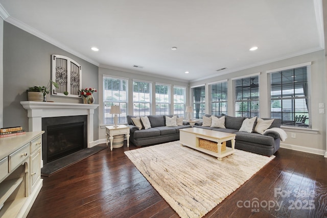 11216 Preservation Ln, Charlotte, NC 28278 - living area with crown molding, healthy amount of natural light, dark wood-type flooring, a fireplace with raised hearth, and recessed lighting