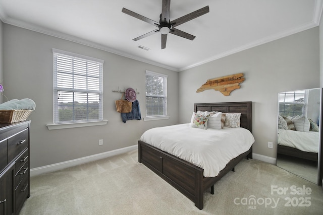 11216 Preservation Ln, Charlotte, NC 28278 - bedroom with crown molding, light carpet, and a ceiling fan
