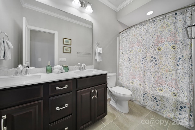 11216 Preservation Ln, Charlotte, NC 28278 - bathroom with double vanity, ornamental molding, tile patterned flooring, and a shower with shower curtain