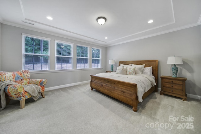 11216 Preservation Ln, Charlotte, NC 28278 - bedroom with carpet, ornamental molding, recessed lighting, and a tray ceiling