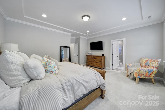 11216 Preservation Ln, Charlotte, NC 28278 - carpeted bedroom featuring ornamental molding, recessed lighting, and ensuite bathroom