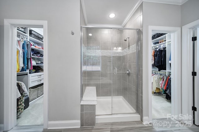 11216 Preservation Ln, Charlotte, NC 28278 - bathroom with ornamental molding, a walk in closet, and a shower stall