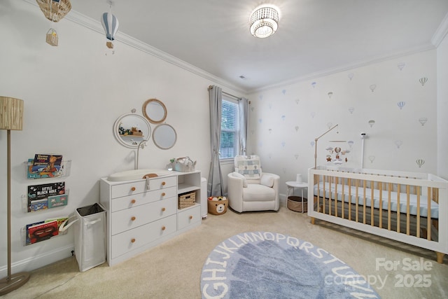 11216 Preservation Ln, Charlotte, NC 28278 - bedroom with crown molding, a crib, and carpet floors