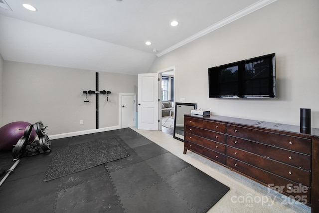 11216 Preservation Ln, Charlotte, NC 28278 - exercise area with crown molding, recessed lighting, and vaulted ceiling
