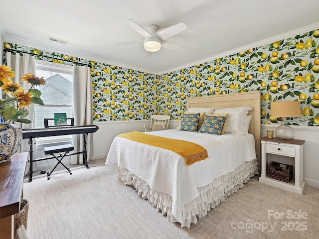 18419 Dembridge Dr, Davidson, NC 28036 - carpeted bedroom featuring wallpapered walls, ornamental molding, baseboards, and ceiling fan