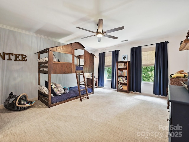 18419 Dembridge Dr, Davidson, NC 28036 - bedroom featuring carpet flooring, ornamental molding, baseboards, and a ceiling fan