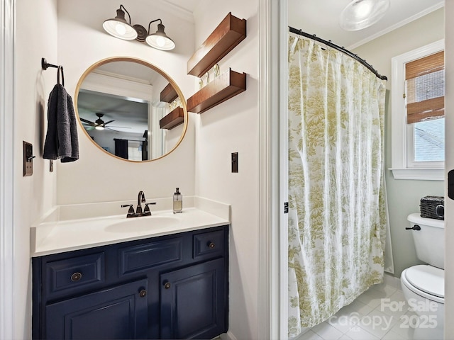 18419 Dembridge Dr, Davidson, NC 28036 - bathroom with ornamental molding, ceiling fan, toilet, tile patterned floors, and vanity