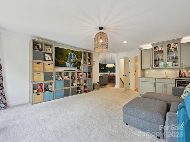 18419 Dembridge Dr, Davidson, NC 28036 - living room with wet bar, carpet floors, beverage cooler, recessed lighting, and baseboards