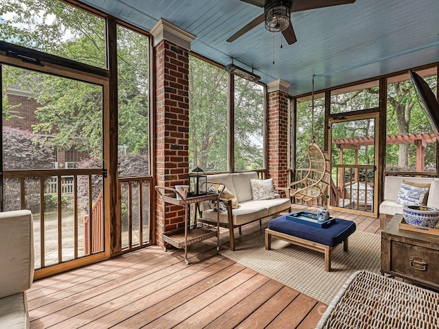 18419 Dembridge Dr, Davidson, NC 28036 - sunroom with a ceiling fan and an outdoor hangout area