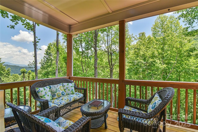 140 Atlantic Falls Trl, Black Mountain, NC 28711 - wooden deck with an outdoor living space and a mountain view