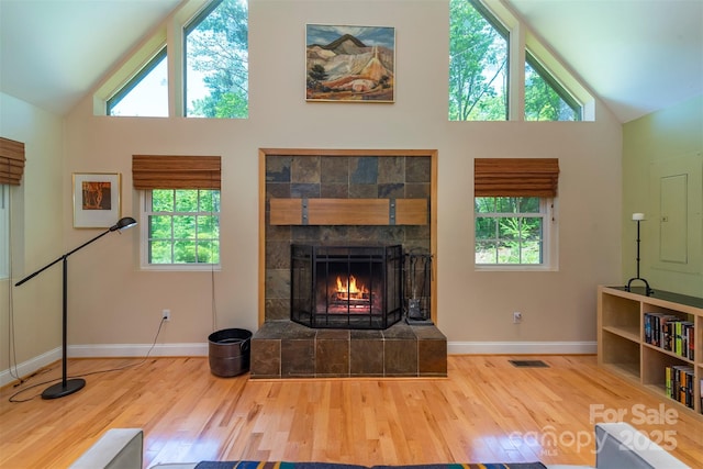 7 Western View St, Black Mountain, NC 28711 - living area featuring wood finished floors, high vaulted ceiling, baseboards, and healthy amount of natural light