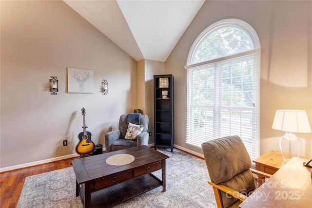 office area with baseboards, vaulted ceiling, and wood finished floors