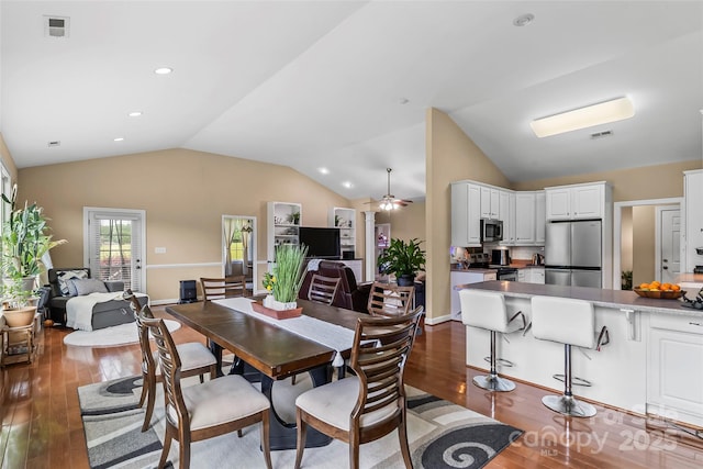 1825 Smyre Farm Rd, Newton, NC 28658 - dining area featuring dark wood-style flooring, lofted ceiling, a ceiling fan, and recessed lighting