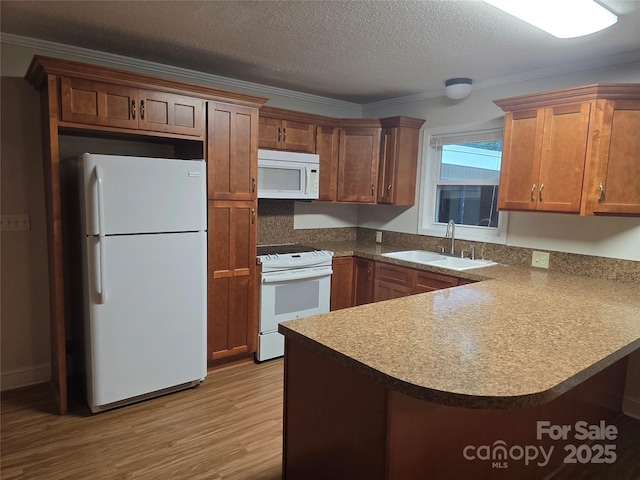 520 Crestview Dr, Albemarle, NC 28001 - kitchen featuring white appliances, a sink, light wood-style flooring, a peninsula, and brown cabinetry