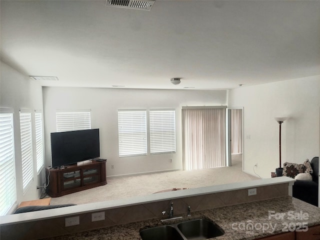 2061 Argentum Ave, Fort Mill, SC 29707 - kitchen with a sink, carpet flooring, open floor plan, and stone countertops
