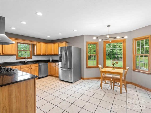 575 Upper Glady Fork Rd, Candler, NC 28715 - kitchen with appliances with stainless steel finishes, baseboards, light tile patterned floors, recessed lighting, and a sink