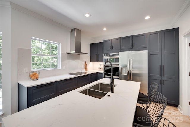 kitchen featuring wall chimney exhaust hood, a sink, stainless steel appliances, ornamental molding, and light stone countertops