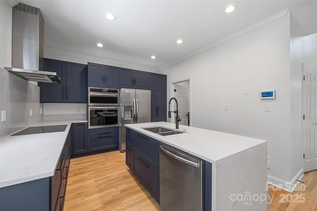 1134 Blueberry Ln, Charlotte, NC 28226 - kitchen with appliances with stainless steel finishes, crown molding, wall chimney range hood, light wood finished floors, and recessed lighting