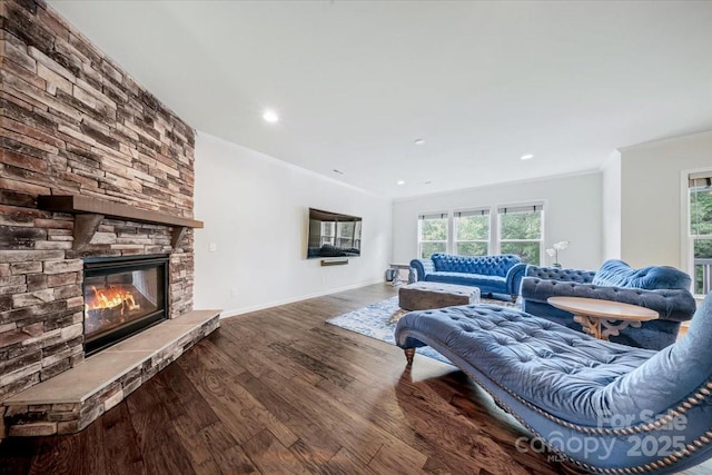 5366 Meadowcroft Way, Fort Mill, SC 29708 - living area with ornamental molding, a fireplace, healthy amount of natural light, wood finished floors, and recessed lighting