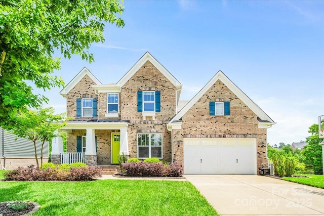 5366 Meadowcroft Way, Fort Mill, SC 29708 - view of front of property featuring concrete driveway, brick siding, a front lawn, and covered porch