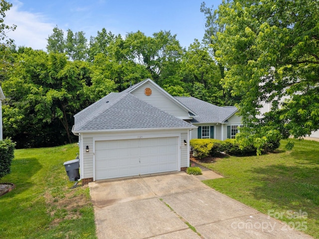 1321 Land Grant Rd, Charlotte, NC 28217 - ranch-style home with a shingled roof, concrete driveway, a front lawn, and an attached garage