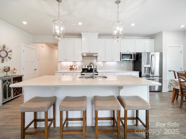 1456 Augustus Beamon Dr, Indian Trail, NC 28079 - kitchen featuring stainless steel appliances, a sink, under cabinet range hood, an island with sink, and tasteful backsplash