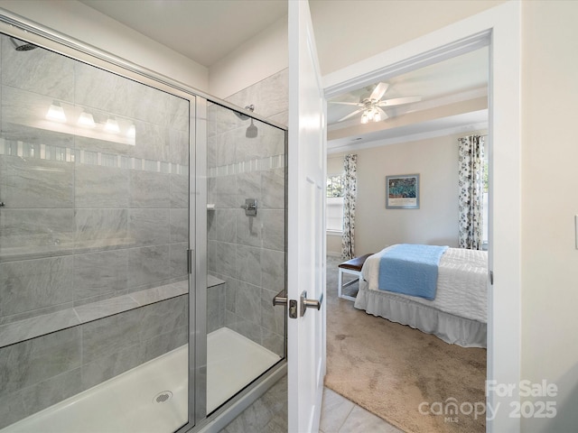 1456 Augustus Beamon Dr, Indian Trail, NC 28079 - bathroom with ensuite bathroom, a stall shower, a ceiling fan, and french doors