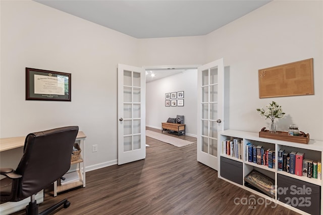 15630 Oleander Dr, Charlotte, NC 28278 - office featuring french doors, dark wood-style flooring, and baseboards