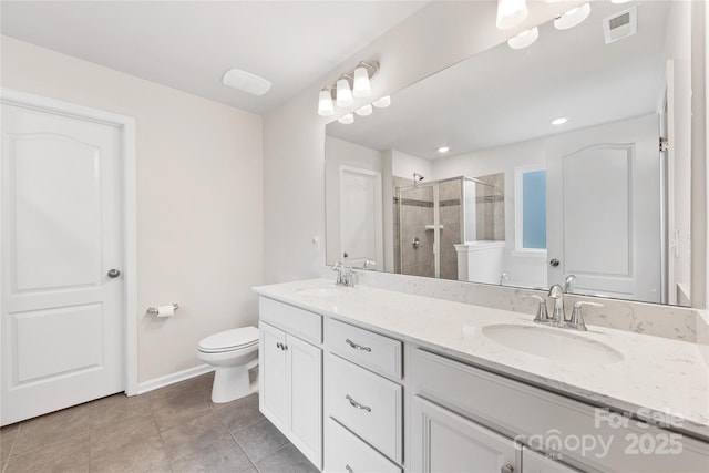 15630 Oleander Dr, Charlotte, NC 28278 - full bathroom featuring a stall shower, toilet, baseboards, double vanity, and tile patterned floors