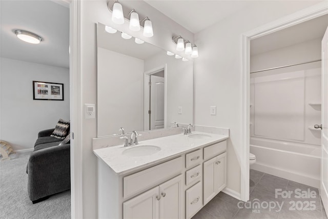 15630 Oleander Dr, Charlotte, NC 28278 - bathroom featuring double vanity, toilet, tile patterned flooring, and shower / tub combination