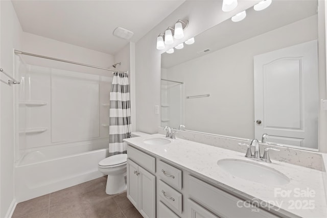 15630 Oleander Dr, Charlotte, NC 28278 - full bathroom featuring shower / bath combination with curtain, toilet, tile patterned floors, and double vanity
