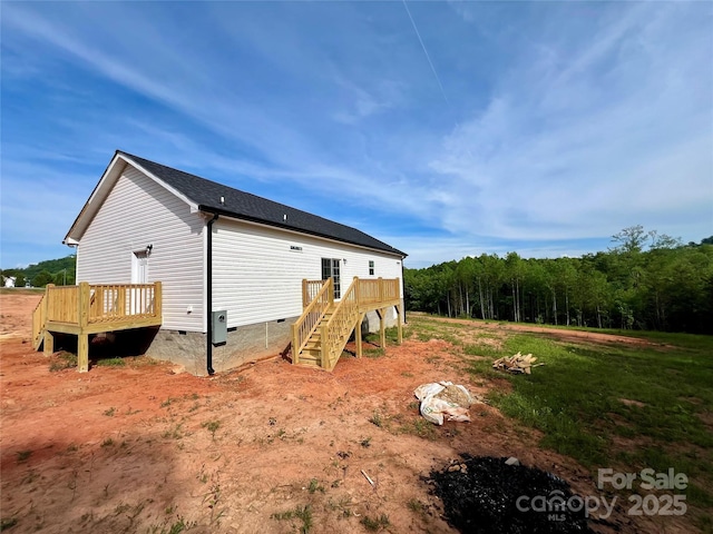 118 Brett Will Ct, Taylorsville, NC 28681 - rear view of property with crawl space, stairway, and a wooden deck