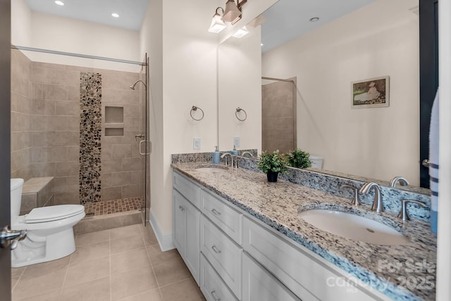 204 Ridge Dr Unit 12 12-1 12-2, Troy, NC 27371 - bathroom with toilet, a stall shower, tile patterned flooring, double vanity, and baseboards