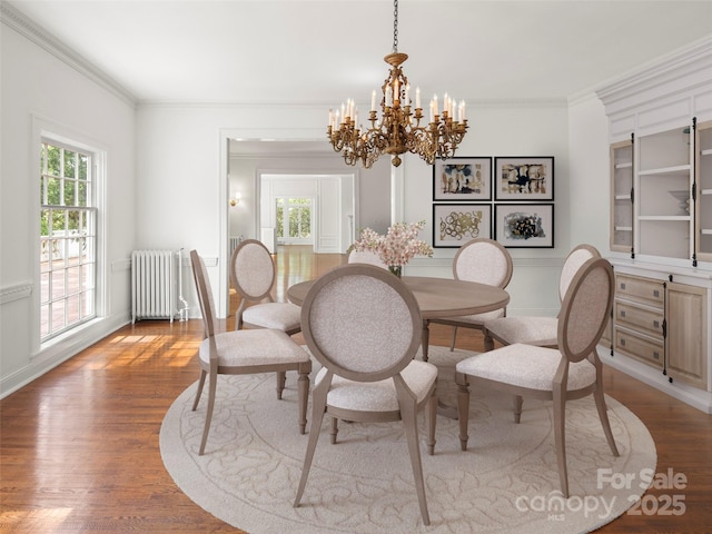316 Vanderbilt Rd, Asheville, NC 28803 - dining area with radiator heating unit, a chandelier, ornamental molding, wood finished floors, and baseboards
