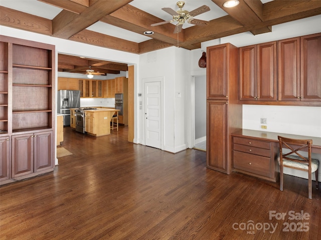 316 Vanderbilt Rd, Asheville, NC 28803 - kitchen with ceiling fan, coffered ceiling, dark wood-style floors, stainless steel appliances, and a kitchen island