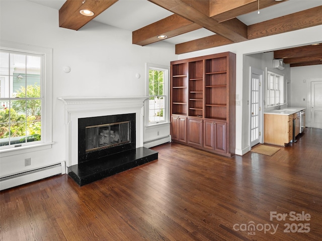 316 Vanderbilt Rd, Asheville, NC 28803 - unfurnished living room with a baseboard radiator, beamed ceiling, dark wood-type flooring, plenty of natural light, and recessed lighting