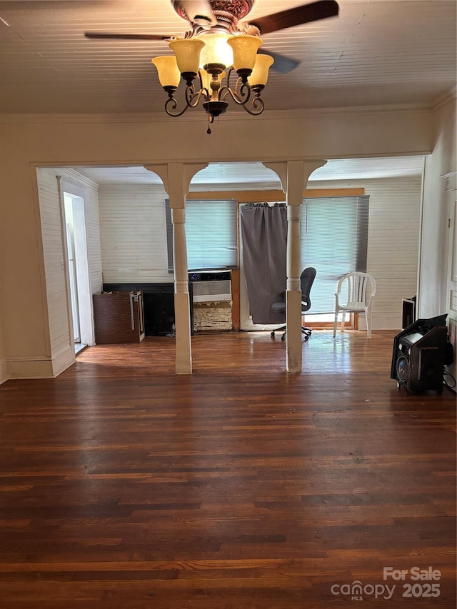 273 E Main Ave, Taylorsville, NC 28681 - living area featuring crown molding, wood finished floors, a chandelier, and ceiling fan