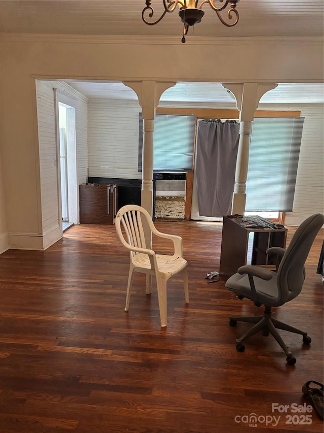 273 E Main Ave, Taylorsville, NC 28681 - dining area with ornamental molding, wood finished floors, baseboards, and an office area