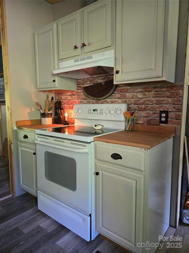 850 Meadowbend Dr, York, SC 29745 - kitchen featuring under cabinet range hood, white electric range, dark wood-style floors, light countertops, and white cabinetry