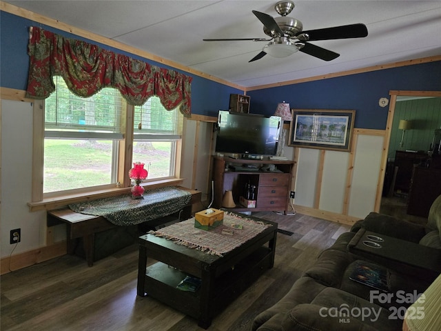 850 Meadowbend Dr, York, SC 29745 - living area with lofted ceiling, wood finished floors, and a ceiling fan