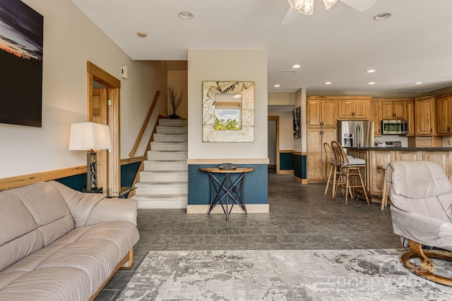 2912 Windswept Ridge Rd, Marshall, NC 28753 - living area with stairway, recessed lighting, and a ceiling fan