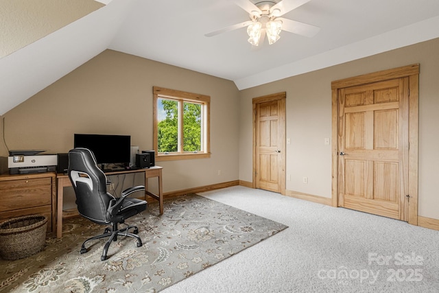 2912 Windswept Ridge Rd, Marshall, NC 28753 - home office with vaulted ceiling, a ceiling fan, carpet, and baseboards