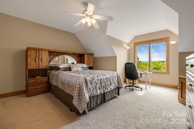 2912 Windswept Ridge Rd, Marshall, NC 28753 - bedroom featuring light colored carpet, baseboards, lofted ceiling, and a ceiling fan