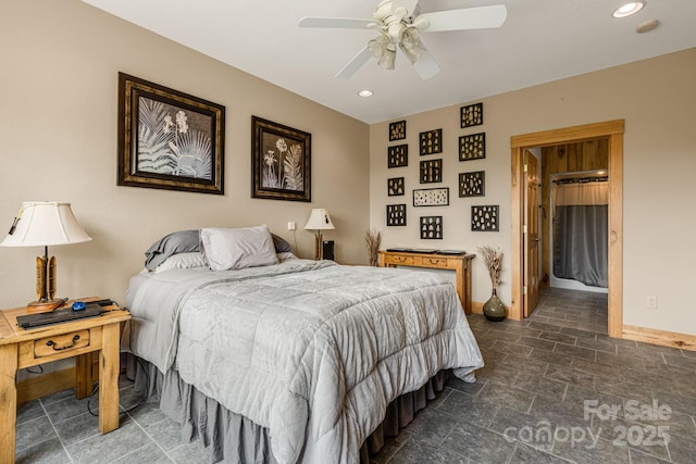2912 Windswept Ridge Rd, Marshall, NC 28753 - bedroom with dark stone finish floors, baseboards, recessed lighting, and a ceiling fan